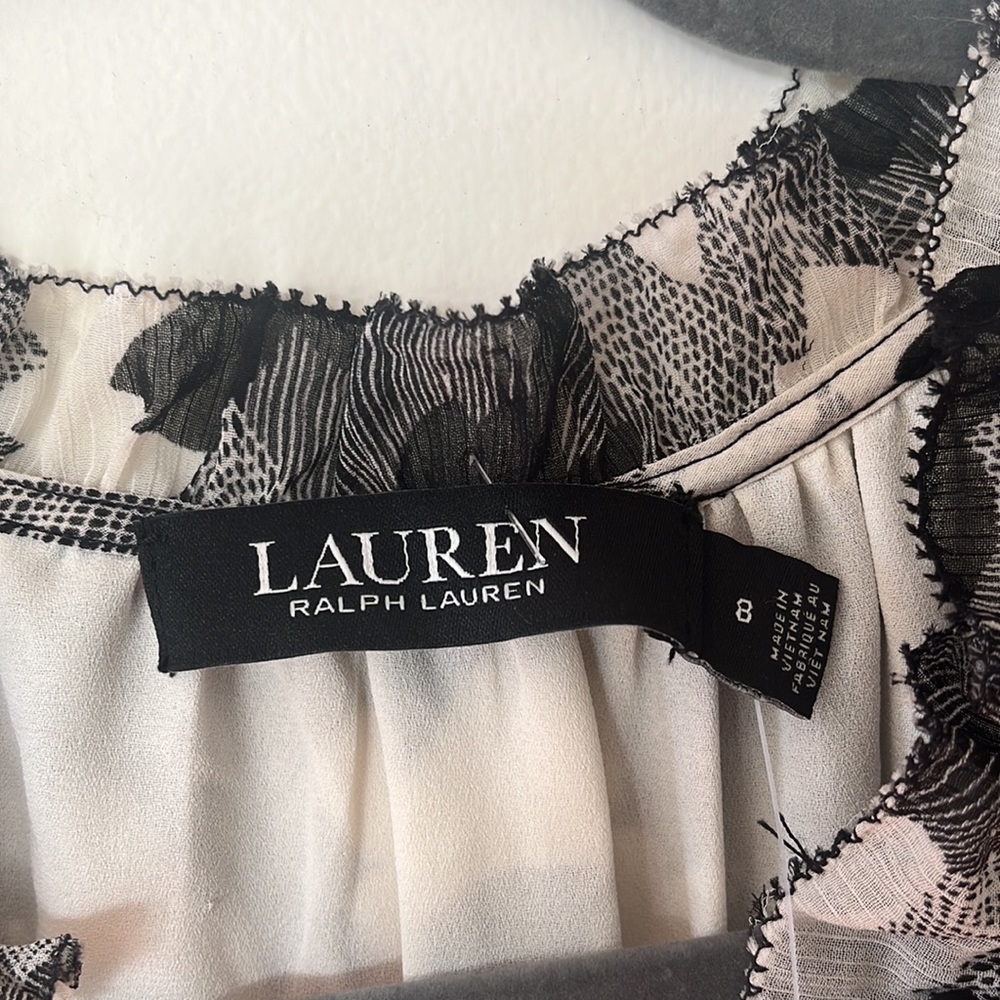 Lauren Ralph Lauren Black/White Floral Chiffon Ruffle knee length dress NWT - Picture 4 of 8